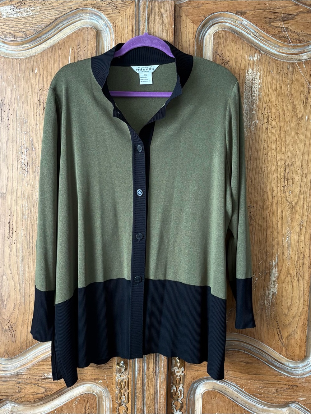 Misook Olive Green Black Colorblock Cardigan Sweater Knit Jacket 3X Plus Size
